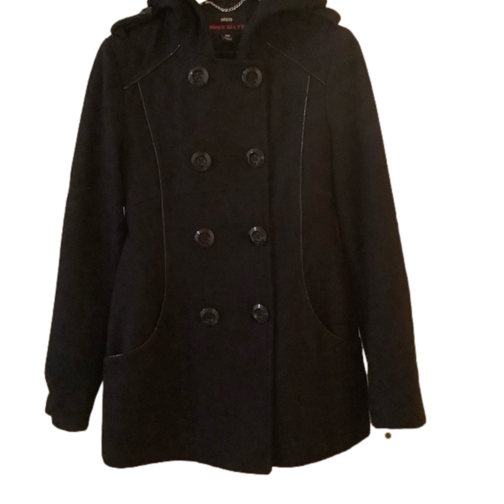 Miss sixty black wool jacket coat medium button down belted mid length
